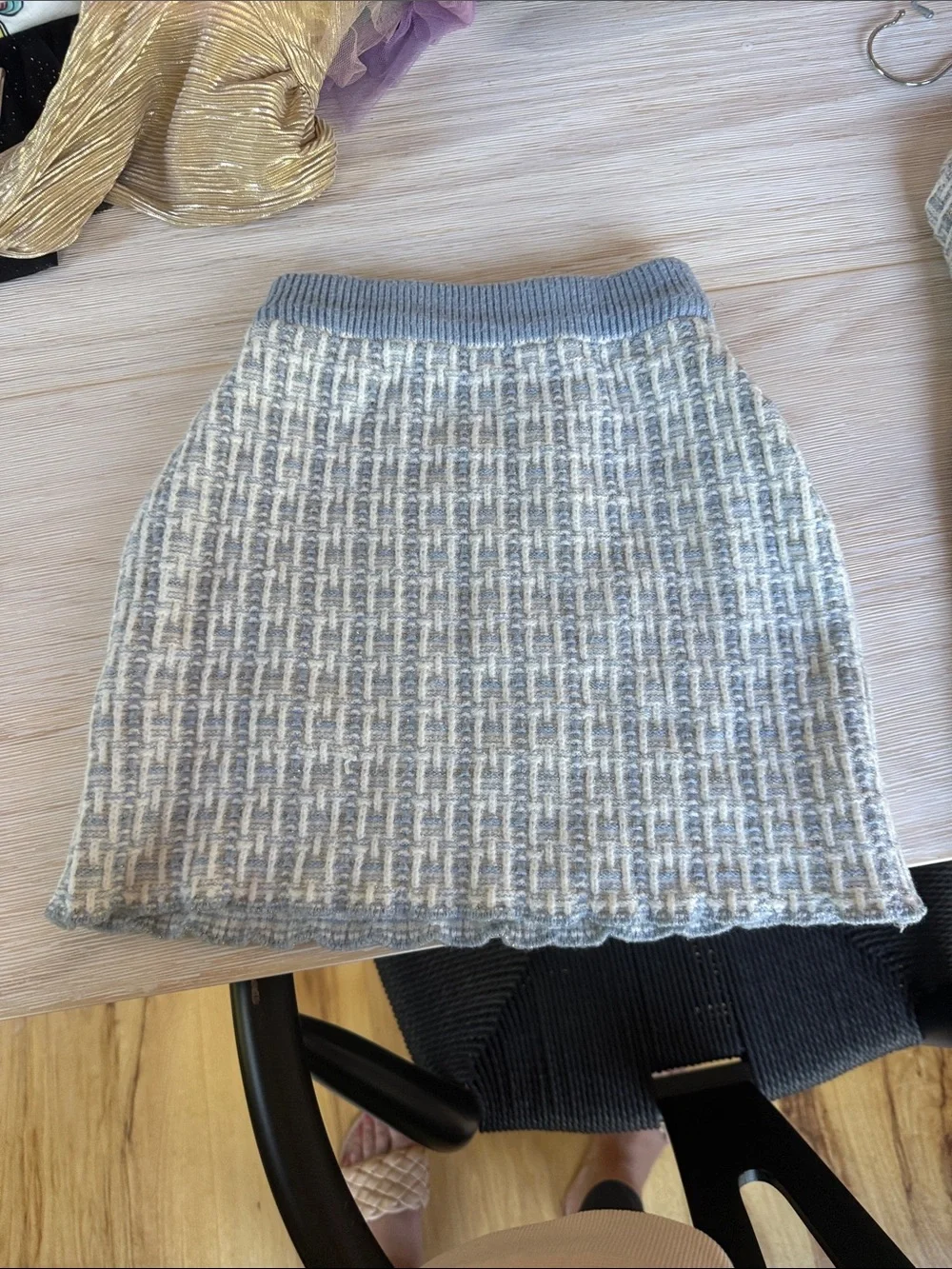 Light Blue & Cream Textured Girl’s Cardigan Skirt Set